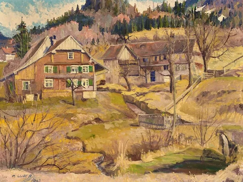 1869-Alfons Luger - Vista di Watzenegg sopra Dornbirn con le vecchie case